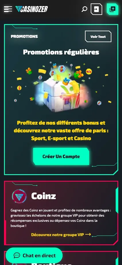 Navigation mobile Casinozer