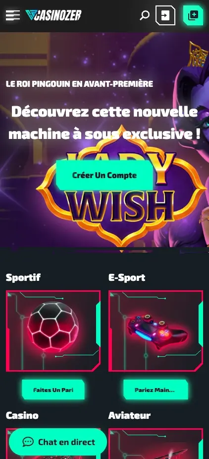Interface mobile Casinozer